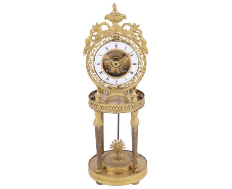 A FRENCH ORMOLU SKELETON CLOCK, EARLY 19TH CENTURY movement striking on a bell and with silk suspension, the white enamel ann