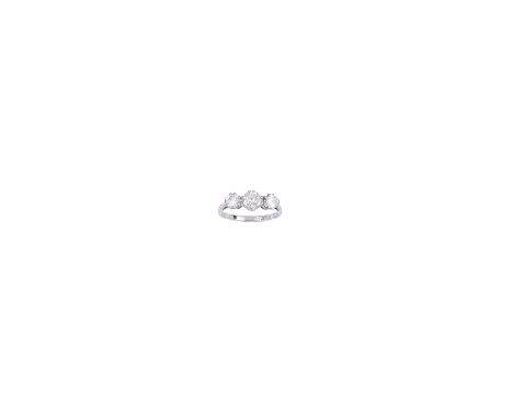 THREE STONE DIAMOND RING claw set with three brilliant-cut diamonds size K Descriptions in both printed and on-line catalogue