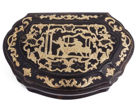 ˜A TORTOISESHELL SNUFF BOX, PROBABLY NEAPOLITAN, CIRCA 1740 charouche-shaped with applied gold hinges, the lid and underside 