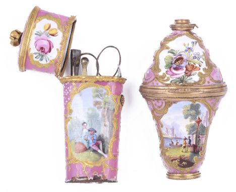 A SOUTH STAFFORDSHIRE ENAMEL ETUI AND A SCENT FLASK/BONBONNIERE, CIRCA 1780 both decorated with raised gilt scrolls against p