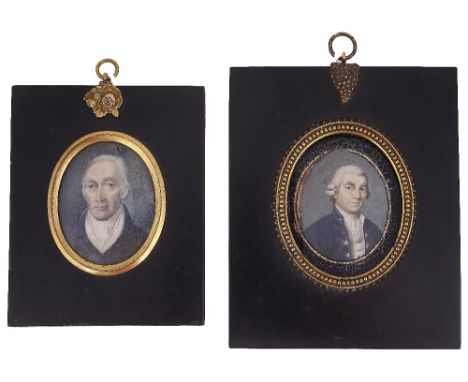 ˜A PORTRAIT MINIATURE OF A NAVAL OFFICER, MANNER OF PHILIP JEAN, CIRCA 1800 in powdered wig and blue coat, on ivory, verre eg