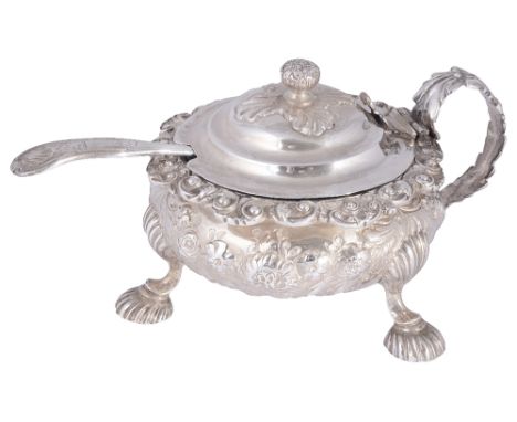 A GEORGE IV SILVER MUSTARD POT, CHARLES FOX, LONDON, 1824 compressed circular, richly chased with flowers and foliage above t