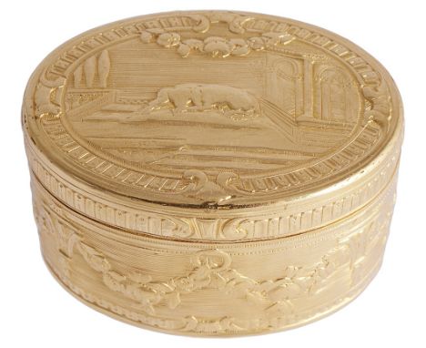 A FRENCH GOLD SNUFF BOX, JEAN-CHARLES-SIMPHORIEN DUBOS, PARIS, 1762 oval, chased, the lid with a sleeping dog in the middle o
