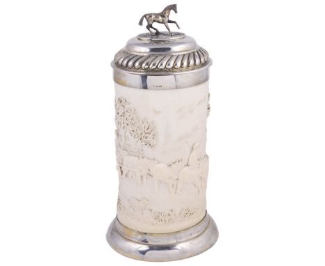 ˜A VICTORIAN SILVER-MOUNTED IVORY VASE AND COVER, CHARLES EDWARDS, LONDON, 1889 the silver cover with a band of bold gadrooni