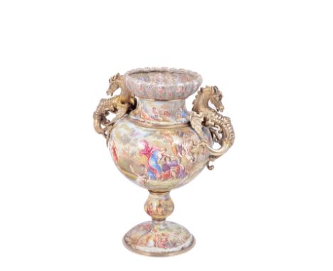 AN AUSTRO-HUNGARIAN SILVER-GILT-MOUNTED ENAMEL PEDESTAL VASE, HERMANN BÖHM, VIENNA, LATE 19TH CENTURY the bulbous body painte