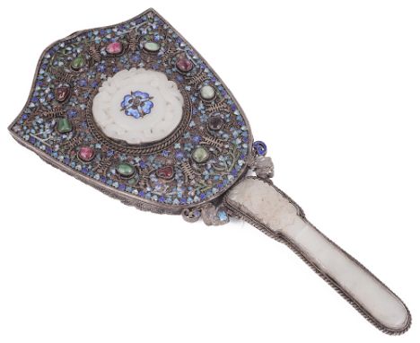 A CHINESE JADE-MOUNTED AND ENAMELLED SILVER HAND MIRROR, 19TH / 20TH CENTURY the handle set with a jade panel carved with a b