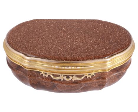A GOLD-MOUNTED AVENTURINE GLASS SNUFF BOX, PROBABLY ENGLISH, CIRCA 1750 cartouche shaped, moulded and shaped base, reeded gol