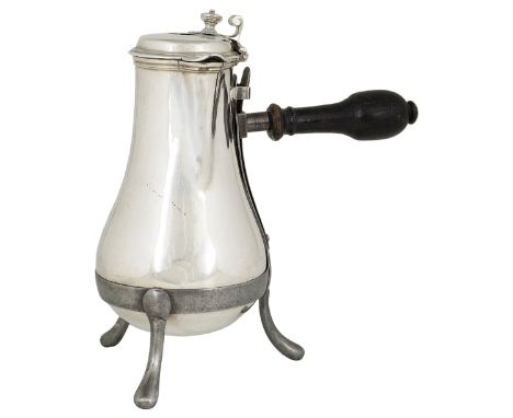 AN UNUSUAL FRENCH SILVER CHOCOLATE POT IN STEEL FRAME, PROBABLY CLAUDE DUCHESNE, PARIS, 1743 baluster, the lid with hinged fi
