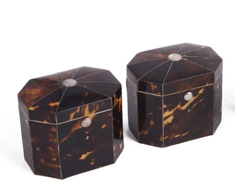 ˜A PAIR OF TORTOISESHELL TEA CADDIES, ENGLISH, PROBABLY LATE 19TH CENTURY elongated octagonal, each with silver stringing, pu