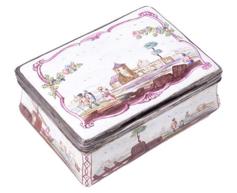 AN ENAMEL SNUFF BOX WITH FRENCH SILVER MARKS, MID 18TH CENTURY rectangular, painted with fluvial subjects within puce scrolli