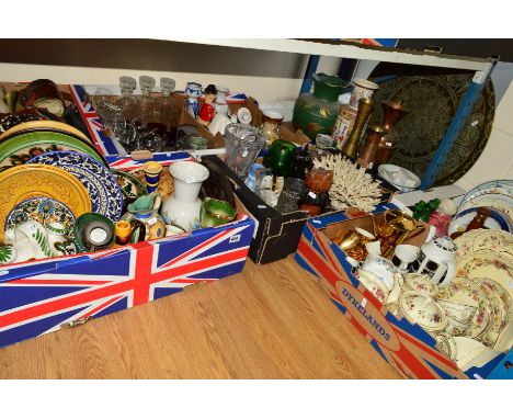 SEVEN BOXES AND LOOSE CERAMICS, GLASS, METALWARES ETC, to include modern Zsolnay teawares, part midwinter 'Focus' pattern cof