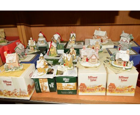 SIXTEEN BOXED LILLIPUT LANE SNOW COVERED SCULPTURES, to include ten Annual ornaments, 'Robin Cottage' 1993, 'Plum Cottage' 19