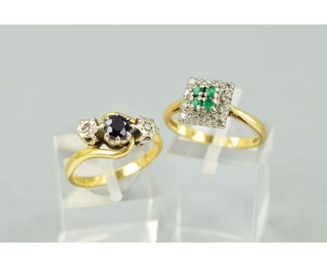 TWO 18CT GOLD GEM SET RINGS, the first designed as a square emerald and diamond cluster ring, centrally set with four circula