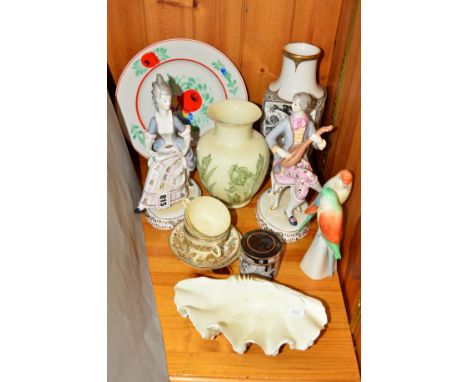 A PAIR OF MODERN ZSOLNAY COFFEE CUPS AND SAUCERS, and other Hungarian ceramics including a pair of lady and gentleman figurin