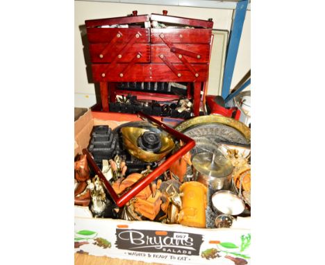 TWO BOX/SUITCASE AND LOOSE ITEMS, to include a sewing box, books, canteen of part cutlery, weighing scales, a vintage Shell o