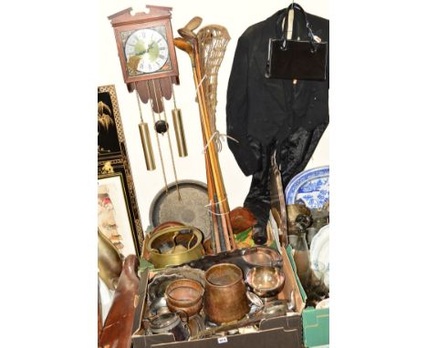 TWO BOXES AND LOOSE ASSORTED METALWARES, golf clubs, lacrosse stick, Acctim wall clock, gents two piece tails and waistcoat, 