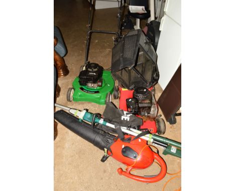 A CHAMPION 3.5 HP PETROL LAWN MOWER and another 3.5hp lawn mower with a Champion Blowervac and Coopers extended mini chainsaw
