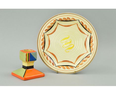 CLARICE CLIFF FOR WILKINSON LTD, a plate in Bizarre pattern, approximate diameter 19cm, together with a Deco style candlestic