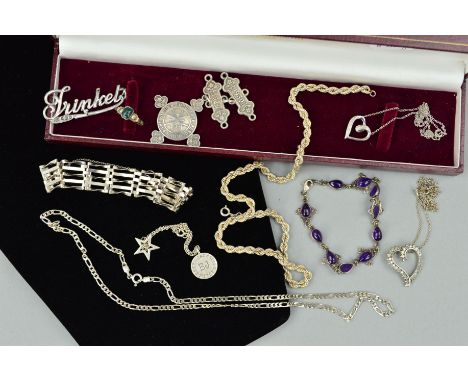 TEN ITEMS OF MAINLY SILVER AND WHITE METAL JEWELLERY to include an amethyst bracelet, a gate bracelet, three pendants, two ch