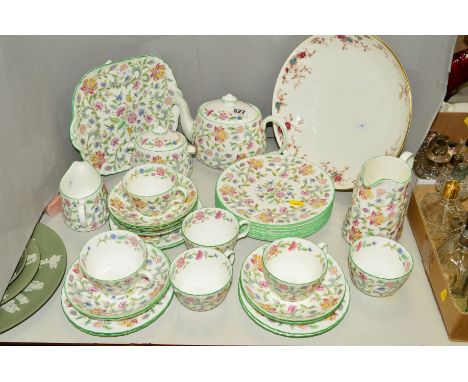 MINTONS 'HADDON HALL' TEA/DINNERWARES to include teapot, milk jug, covered sugar, water jug, cake plate, six cups (one broken