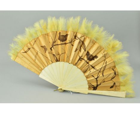 AN EARLY 20TH CENTURY SILK, BONE AND FEATHER FAN DESIGNED BY J.H. ALLCHIN, the gold coloured silk printed with two birds perc