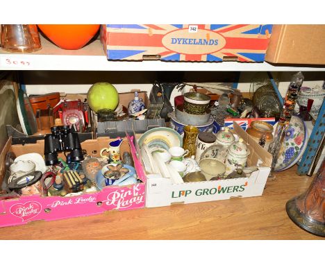 FIVE BOXES AND LOOSE SUNDRY ITEMS to include Royal Doulton 'Spindrift', Wade ornaments, Wedgwood Jasperware, Wade, metal ware