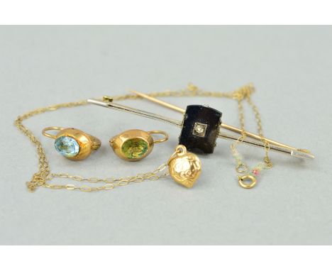 THREE ITEMS OF JEWELLERY comprising a pair of 9ct gold earrings, one set with blue paste, with import marks for Birmingham, l