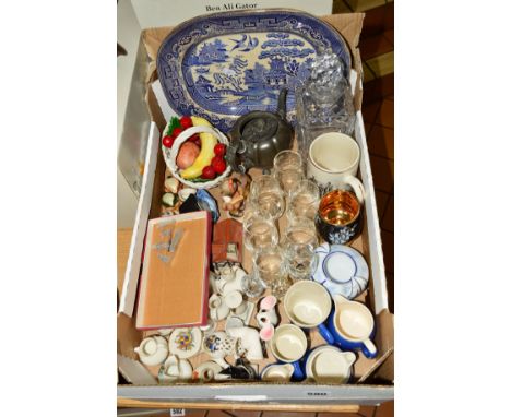 A BOX OF CERAMICS, GLASS etc, to include crested wares (W.H.Goss), Hummel 'Friends' HUM136, novelty 'Florence Nightingale' se