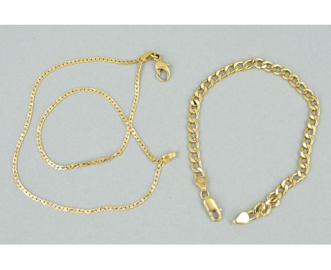 TWO BRACELETS, the first a curb link bracelet with a 9ct gold hallmark, length 185mm, weight 3.2 grams, the second a flattene