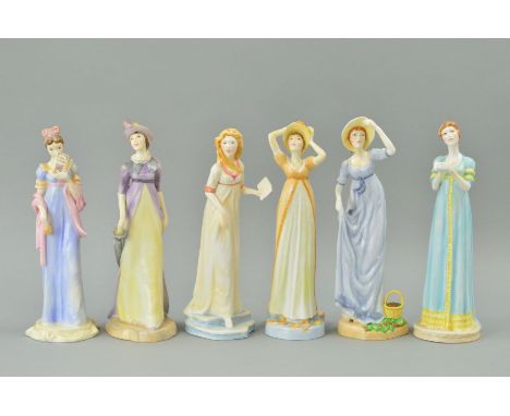 SIX BOXED ROYAL WORCESTER FIGURES FROM THE JANE AUSTEN COLLECTION, 'Fanny Price', 'Emma Woodhouse', ' Elizabeth Bennett', 'Ca