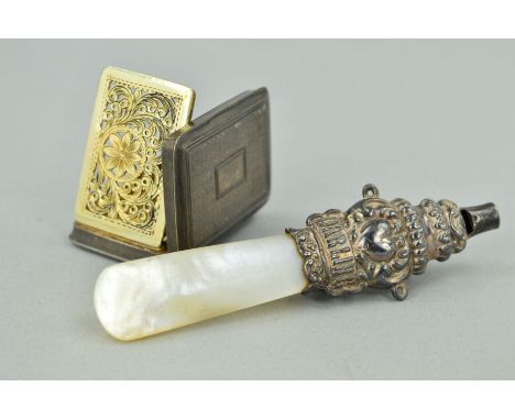 AN EARLY VICTORIAN SILVER VINAIGRETTE AND AN EARLY 20TH CENTURY RATTLE, the vinaigrette of rectangular outline with inner pie