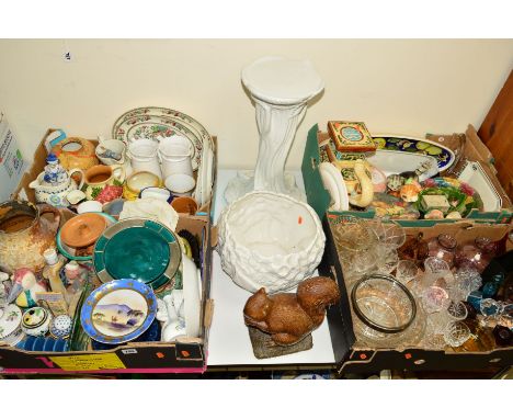FOUR BOXES OF CERAMICS AND GLASSWARE, including Royal Doulton character jugs etc