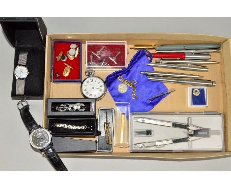 A SELECTION OF PENS, CUFFLINKS etc, to include five Parker pens, a Sheaffer pen, four pairs of cufflinks, a pair of dress stu