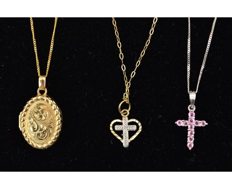 THREE PENDANTS, the first a cross pendant set with stones assessed as pink sapphires, suspended from a fine curb link chain, 