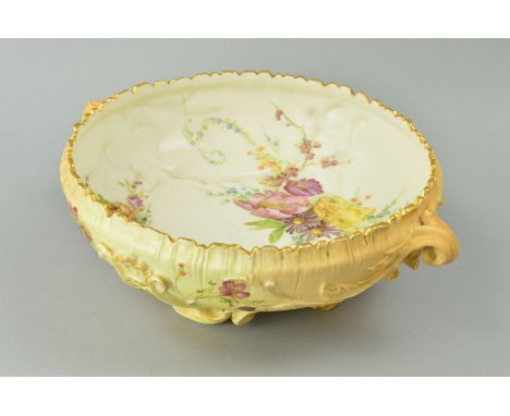 A ROYAL WORCESTER BLUSH IVORY TWIN HANDLED FOOTED BOWL, florally decorated, puce factory mark and No1603, Rd No194277, approx