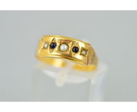 A LATE VICTORIAN 15CT GOLD GEM SET RING designed as a rectangular panel set with three split pearls interspaced by circular c