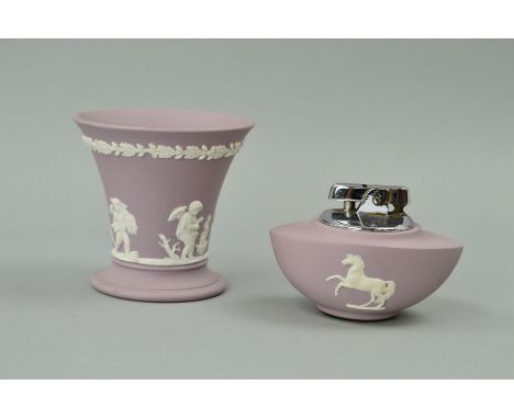 TWO PIECES OF WEDGWOOD PURPLE JASPERWARES to include table lighter