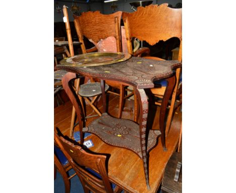 A BAMBOO THREE TIER TRIPOD STAND, a carved mahogany occasional table, an oak wall shelf and two various brass trays (5)