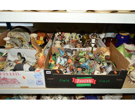 FOUR BOXES AND LOOSE CERAMIC ITEMS, to include animal ornaments, figures, collectors plates and planters etc