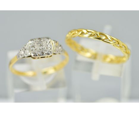 TWO 18CT GOLD DRESS RINGS to include a mid 20th Century diamond square cluster ring, ring size Q, a yellow gold woven band ri