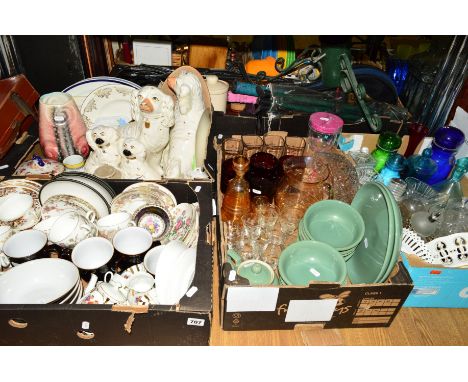 THREE BOXES OF CERAMIC AND GLASS ITEMS to include tea wares by Wedgwood, Colclough and Denby, Staffordshire dogs, sherry glas