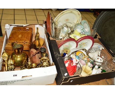 THREE BOXES OF BRASSWARE, CERAMICS AND GLASSWARE, including Victorian work box, teawares, figurines, etc (three boxes and loo
