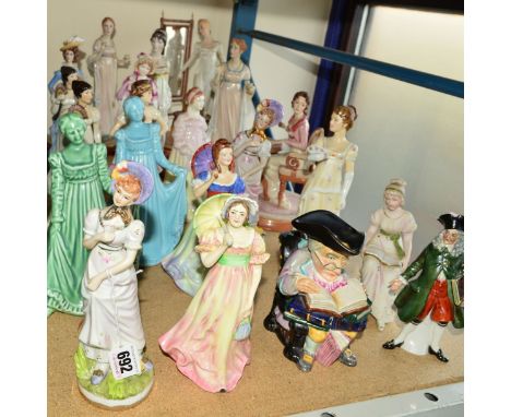 NINETEEN CERAMIC FEMALE FIGURINES IN HISTORICAL COSTUME, to include examples from the Pride and Prejudice series by the Frank
