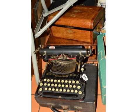 A 'CORONA' TYPEWRITER, with carry case, a writing slope, another work box, an oval gilt framed mirror, a picture 'Lichfield C