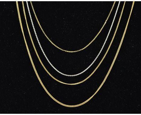 FOUR CHAIN NECKLACES to include two fine belcher link chains, one in white gold, one in yellow gold and two fine curb link ch
