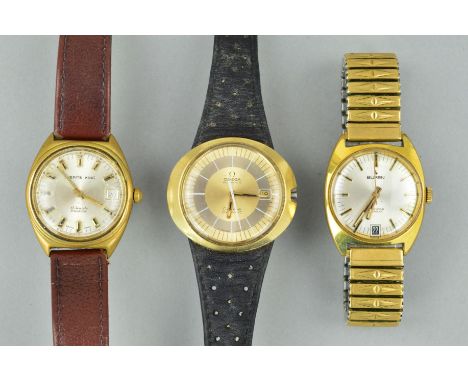 THREE GENT'S WRISTWATCHES comprising a gold plated 'Omega Geneve Dynamic' automatic, oval shaped case, two tone dial with dat