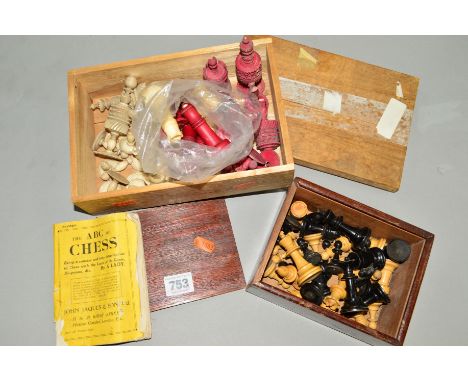 TWO 19TH CENTURY BONE SETS OF CHESS MEN, incomplete and damaged, together with a boxed set of treen chessmen (sd)