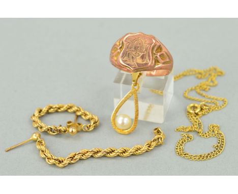 THREE ITEMS OF JEWELLERY comprising an early 20th Century 9ct gold signet ring, the shield shape panel with engraved monogram