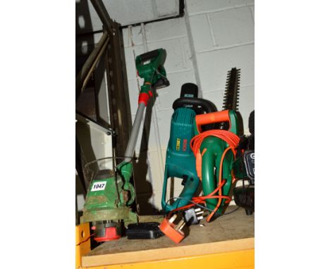 A BOSCH ELECTRIC CHAINSAW, a Qualcast battery strimmer and a Black and Decker GT25 hedge trimmer (3)