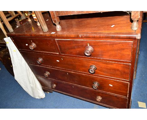 A GEORGIAN MAHOGANY AND INLAID CHEST of two short and three long drawers with turned handles on bracket feet, approximate wid